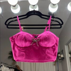Satin Hot Pink Bustier Crop Top with Bow Detail